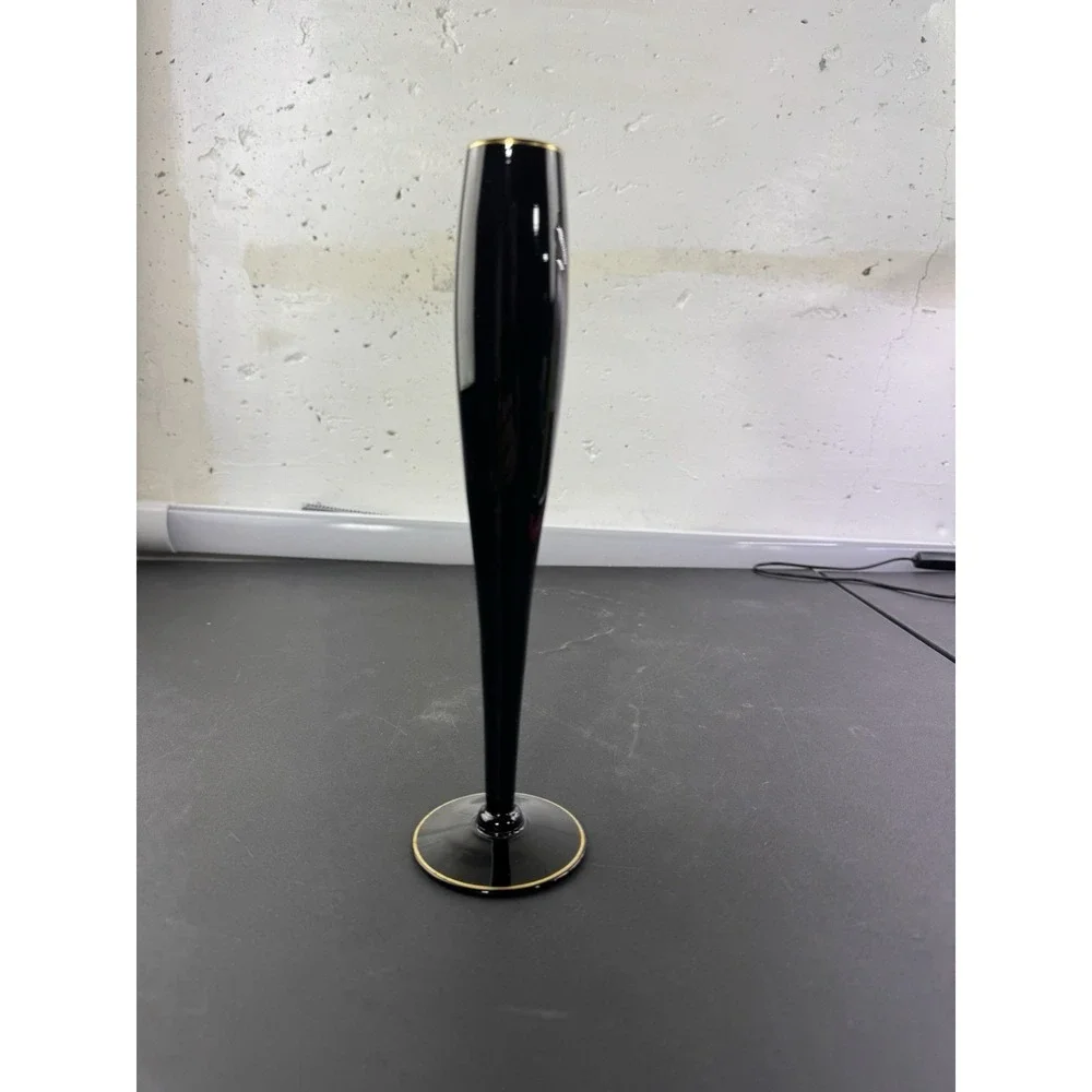 Central Glass Works‎ Bud Vase Black Glass Gold Basket Etch 10 inch